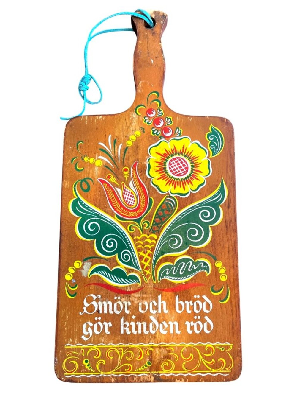 Hand-Painted Vintage Wooden Cutting Board With Floral Design & Swedish Text Deco
